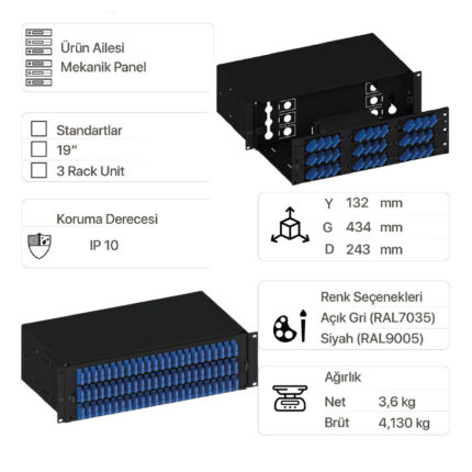 EratSlide 3U 19” 72 Port SC Duplex Rack Tipi Patch Panel