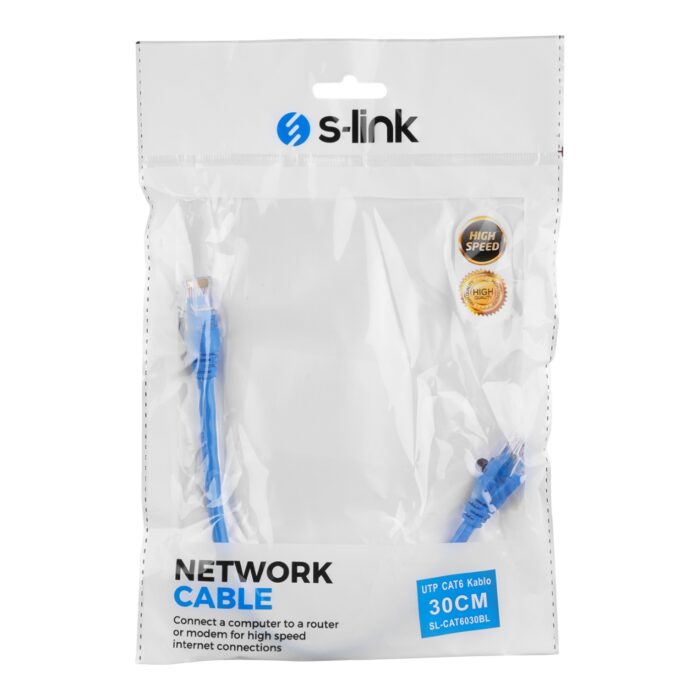 S-LINK SL-CAT6030BL 30cm Mavi CAT6 Patch Kablo