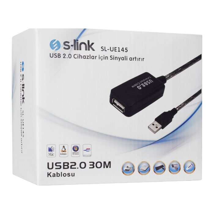 S-LINK SL-UE145 USB2.0 30m Şeffaf Uzatma Kablo