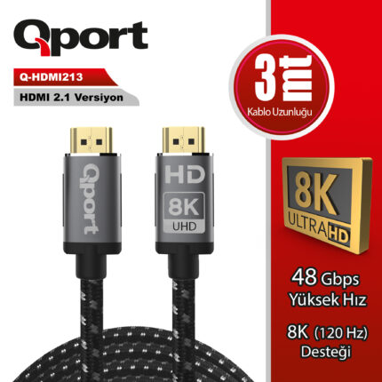 QPORT 3M HDMI 2.1V 8K ALTIN UÇLU ÖRGÜLÜ KABLO (Q-HDMI213) - KAR62163