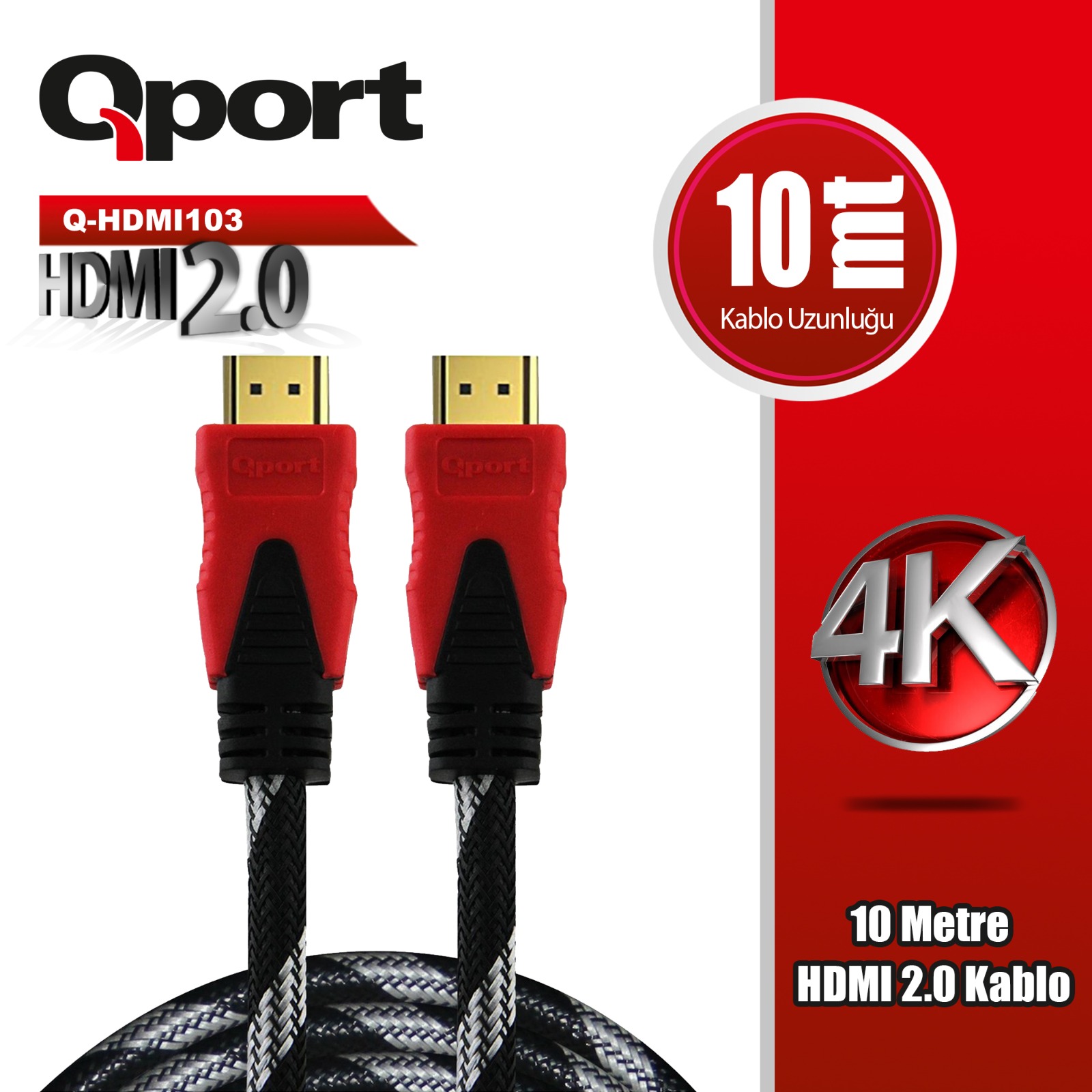 VHUTYN0a3pvOey1E88pWpeIyRydbiJlktta2f9Ka QPORT 10M ALTIN UÇLU ÖRGÜLÜ KABLO 2.0V 4K 60Hz (Q-HDMI103) - KAR62803 - Görsel 1