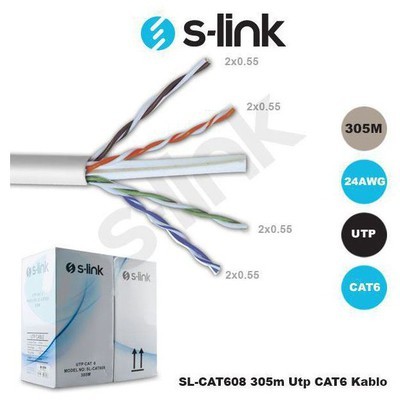 30840 S-LINK SL-CAT608 CAT6 305m 24AWG UTP 4P*0.50MM CAT6 CCA GRİ NETWORK KABLOSU - KAR30840 - Görsel 1
