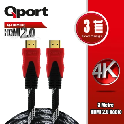 QPORT 3M 2.0V 4K 60HZ ALTIN UÇLU ÖRGÜLÜ HDMI KABLO (Q-HDMI33) - KAR63611