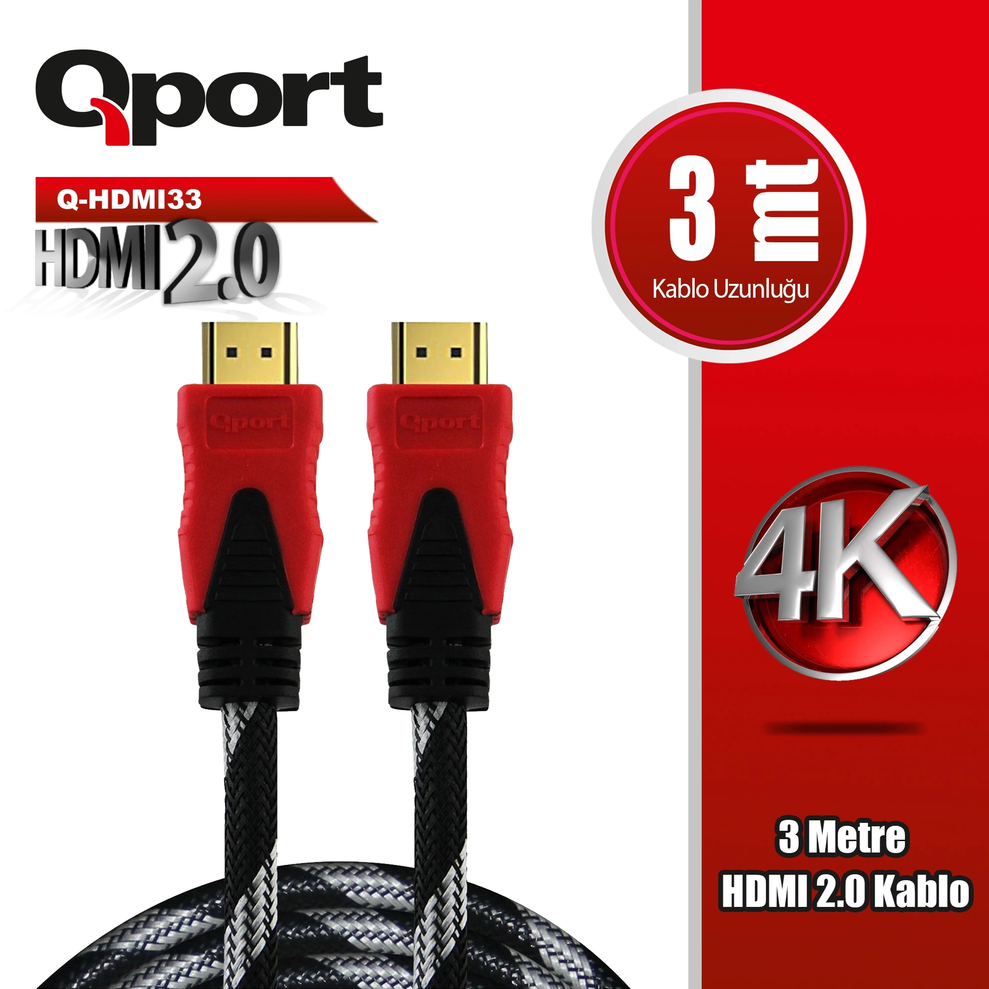 FB1OhavJlUrNnjsaAreNuWXWGWmUSpZIPlMVyMU9 QPORT 3M 2.0V 4K 60HZ ALTIN UÇLU ÖRGÜLÜ HDMI KABLO (Q-HDMI33) - KAR63611 - Görsel 1